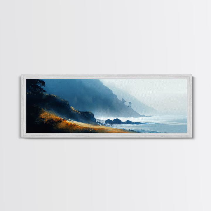 Dramatic Coastline Canvas Print Moody Seaside Painting, Stormy Ocean Landscape, Dark Blue Beach Wall Art, Living Room Decor