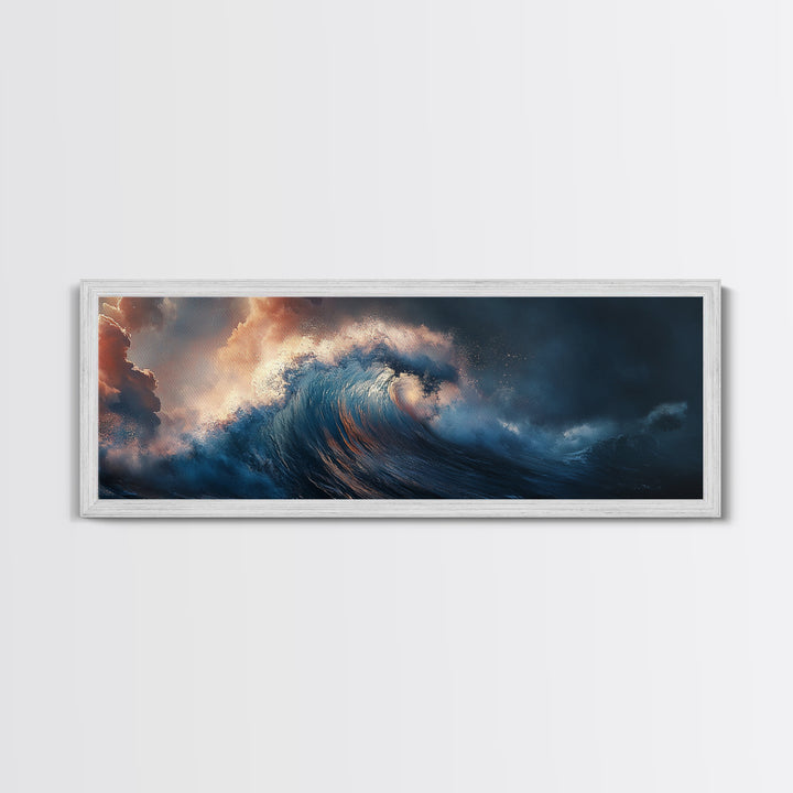 Dramatic Ocean Wave Framed Canvas Print Moody Seascape Wall Art, Deep Blue Stormy Sea Decor, Statement Living Room or Office Art