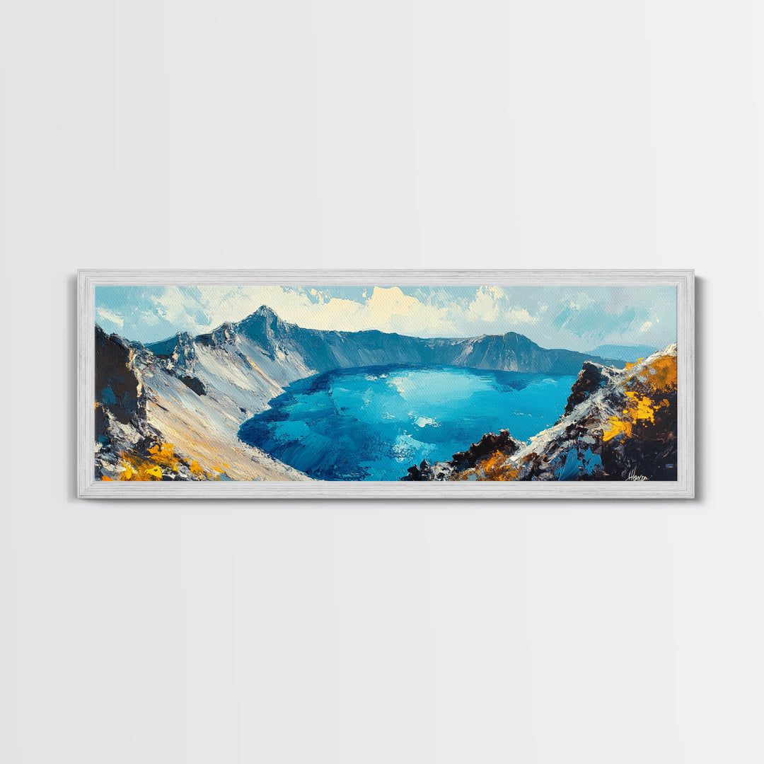 Crater Lake Landscape Framed Canvas Print Majestic Mountain Wall Art, Textured Impasto Painting, Nature Inspired Living Room Decor
