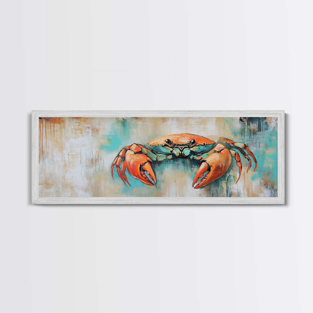 Rustic Crab Art Framed Canvas Print Coastal Nautical Wall Decor, Beach House Kitchen Art, Textured Ocean Painting, Living Room Accent