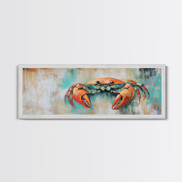 Rustic Crab Art Framed Canvas Print Coastal Nautical Wall Decor, Beach House Kitchen Art, Textured Ocean Painting, Living Room Accent