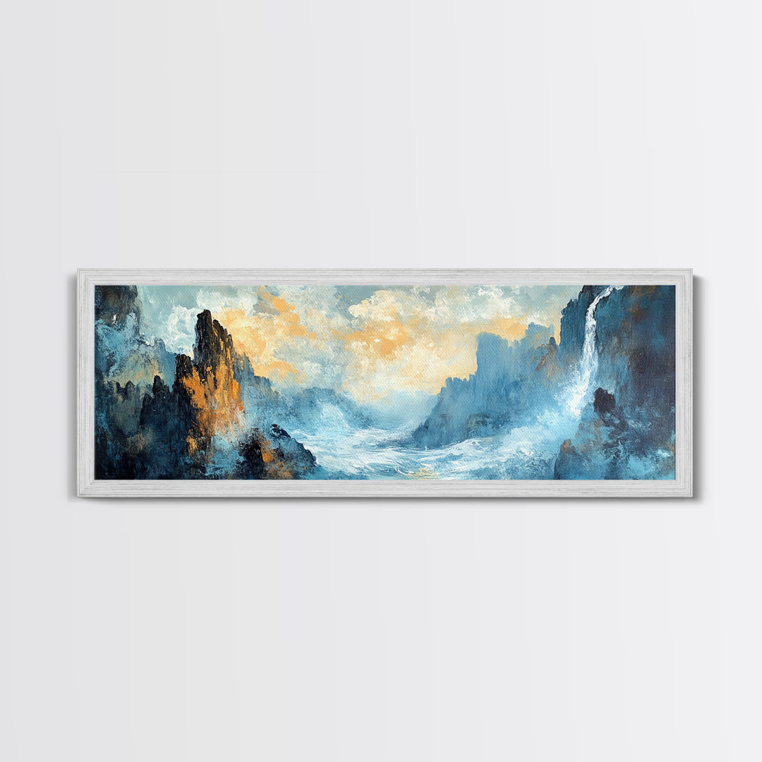 Abstract Mountain Waterfall Wall Art, Moody Landscape Painting, Modern Nature Art, Statement Artwork, Office Wall Decor