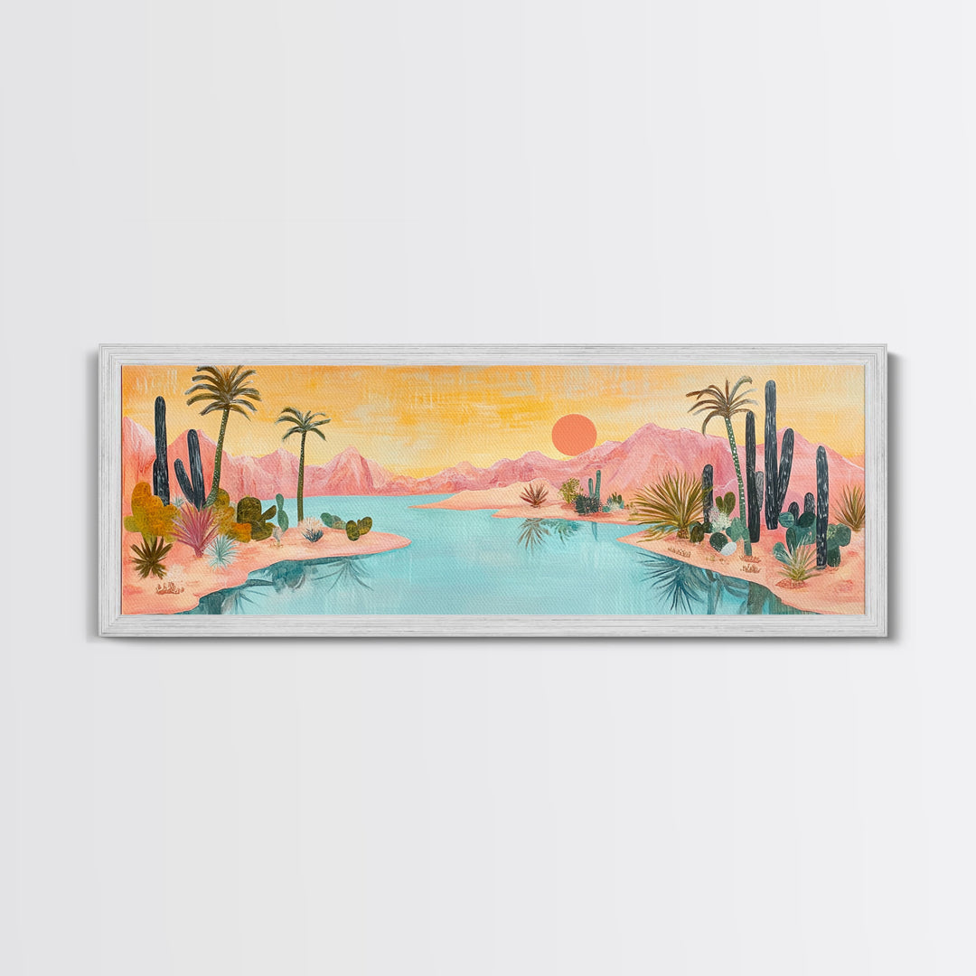 Desert Oasis Landscape Wall Art, Cactus and Palm Trees Painting, Boho Sunset Artwork, Southwest Home Decor, Warm Pink Art