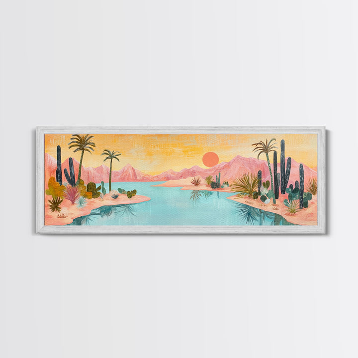 Desert Oasis Landscape Wall Art, Cactus and Palm Trees Painting, Boho Sunset Artwork, Southwest Home Decor, Warm Pink Art
