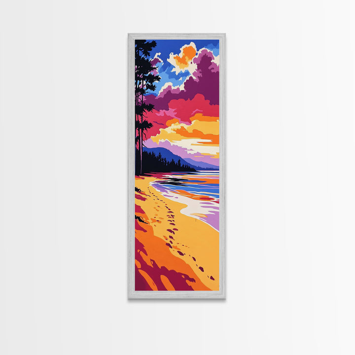 Ocean Shore, Sunset Beach, Serene Coastal Art, Footprints in Sand, Vibrant Seaside Print, Modern Beach House Decor, Framed Canvas Print