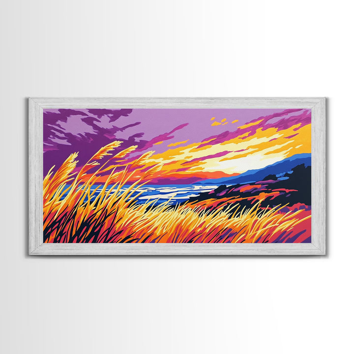 Ocean Sunset Grass, Framed Canvas Print, Coastal Wall Art, Vibrant Nature Painting, Boho Landscape, Beach House Decor, Living Room Art
