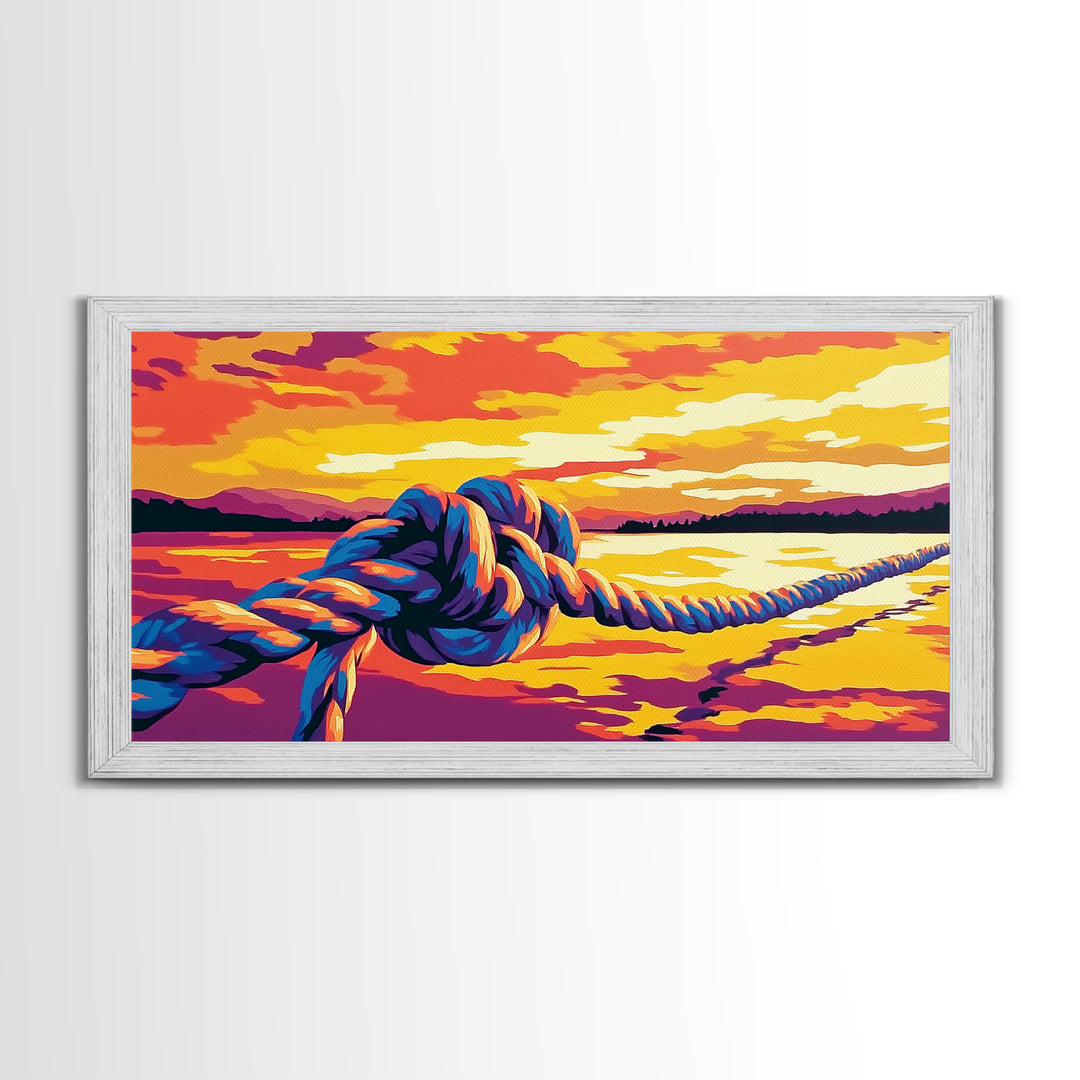 Nautical Rope, Sunset Over Water, Canvas Print, Coastal Wall Art, Beach House Decor, Ocean View, Vibrant Summer Scene, Boho Style