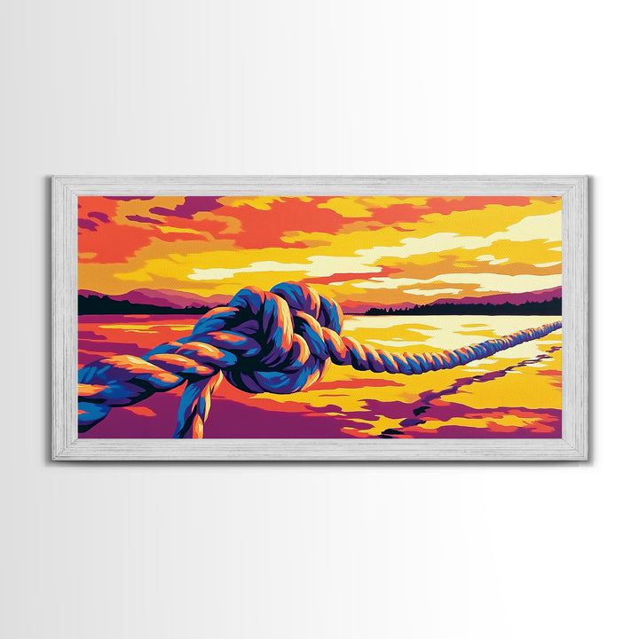 Nautical Rope, Sunset Over Water, Canvas Print, Coastal Wall Art, Beach House Decor, Ocean View, Vibrant Summer Scene, Boho Style