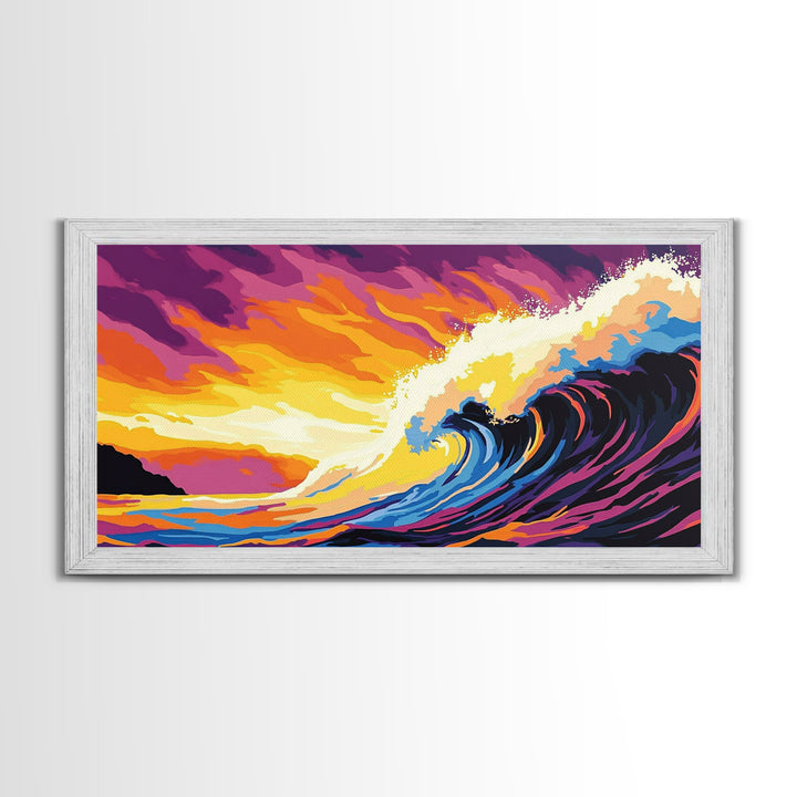 Ocean Wave, Sunset Horizon, Coastal Painting, Seascape Art, Framed Canvas Print, Beach House Wall Decor, Surfer Aesthetic Home Art