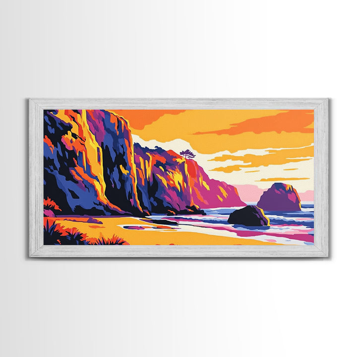 Ocean Cliffs, Coastal Sunset Art, Vibrant Seascape Painting, Beach Wall Decor, Framed Canvas Print, Nautical Home Design, Office Art