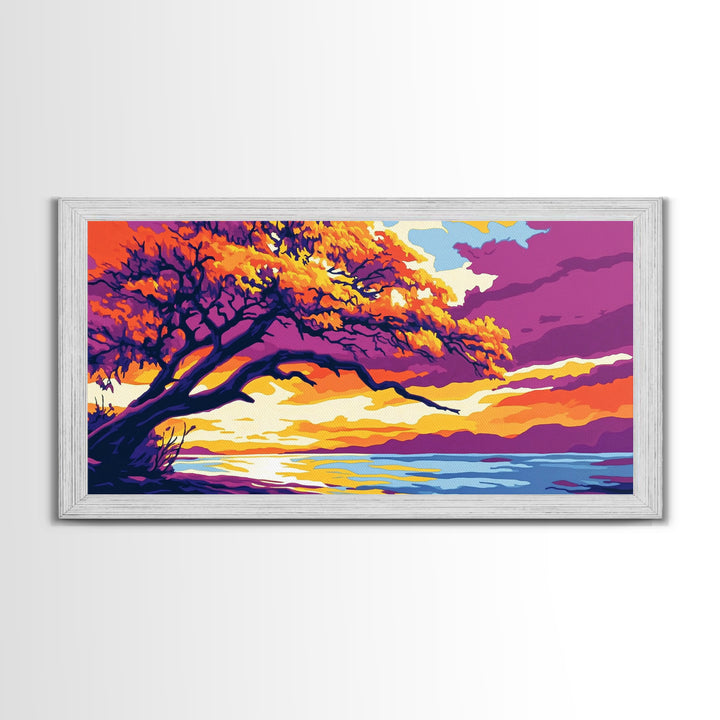 Majestic Tree, Lakeside Sunset, Vibrant Nature Art, Canvas Print, Modern Boho Decor, Living Room Wall Art, Autumn Landscape Painting