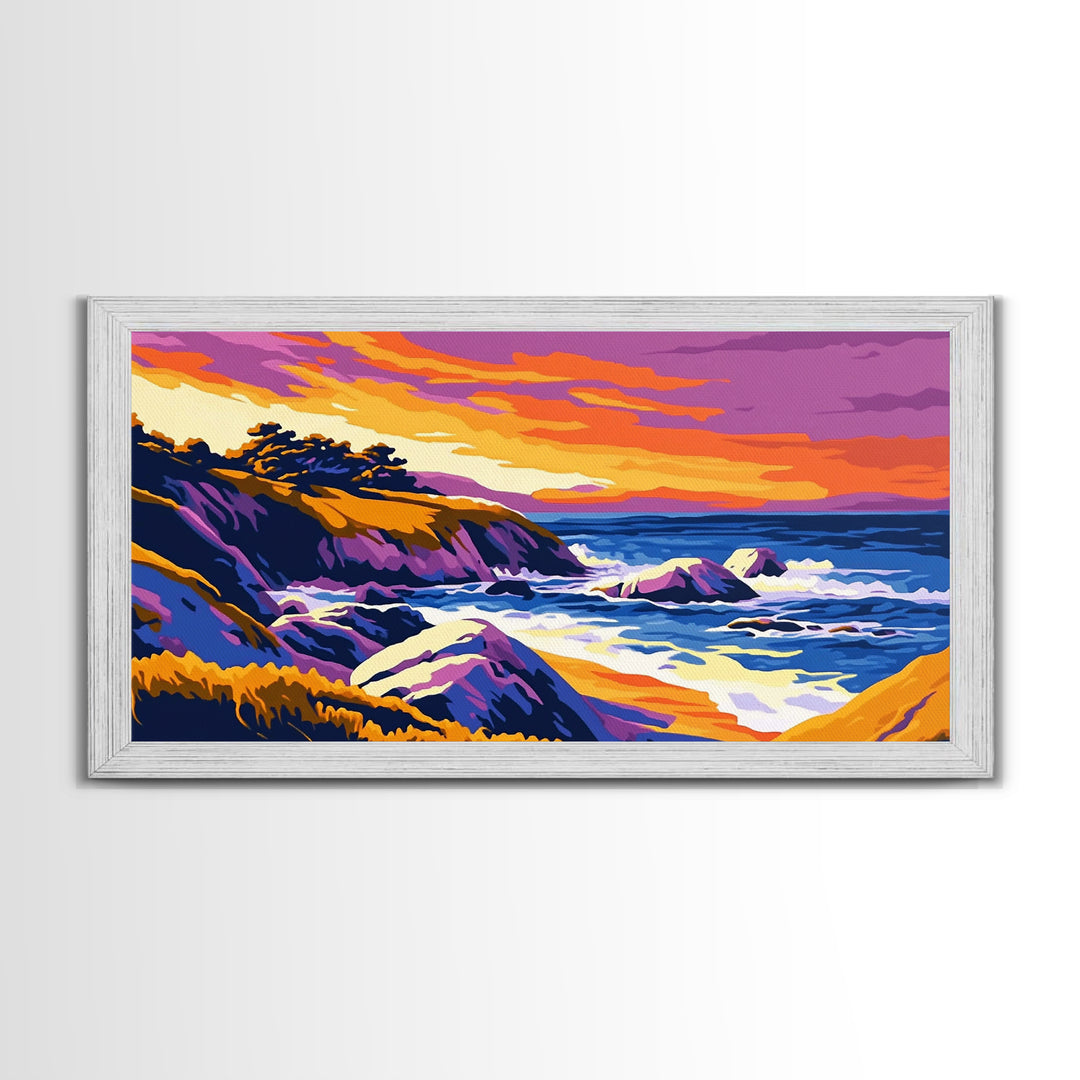 Ocean Sunset, Rolling Waves, Coastal Painting, Colorful Seascape, Nautical Wall Art, Beach House, Bedroom, Framed Canvas Print