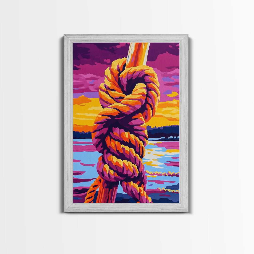 Nautical Knot, Coastal Wall Art, Sunset Over Water, Rustic Rope Art, Framed Canvas Print, Lake House Decor, Nautical Home Accent