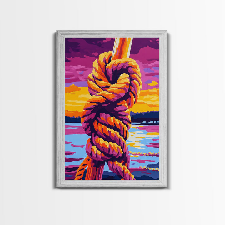 Nautical Knot, Coastal Wall Art, Sunset Over Water, Rustic Rope Art, Framed Canvas Print, Lake House Decor, Nautical Home Accent