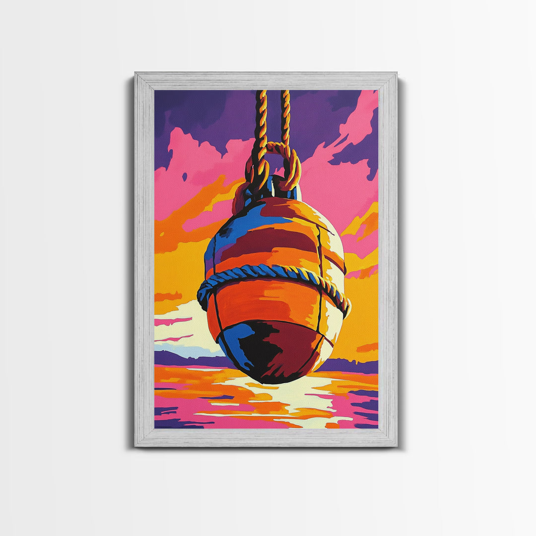 Nautical Buoy, Ocean Sunset, Coastal Art, Framed Canvas Print, Beach Wall Art, Vibrant Home Decor, Seaside Painting, Boat House Artwork