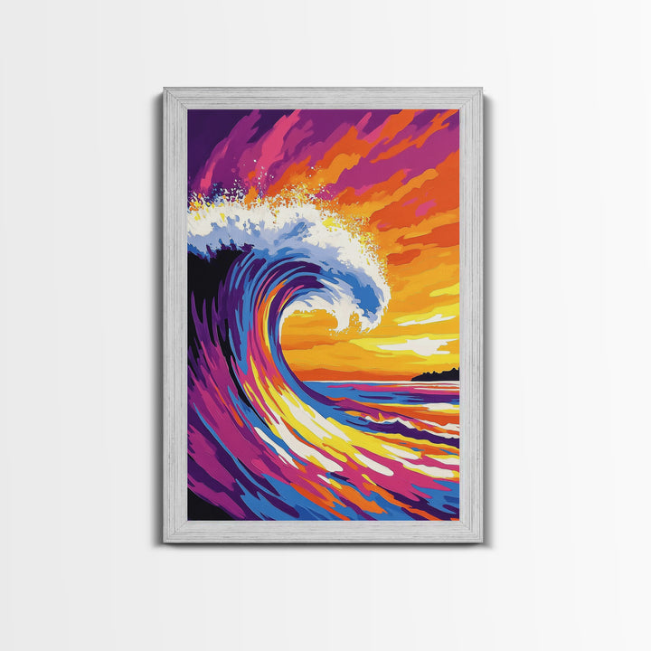 Ocean Wave, Splash, Power, Sunset, Framed Canvas Print, Coastal Decor, Surf Art, Beach House Wall Art, Nautical Theme, Vibrant Blue