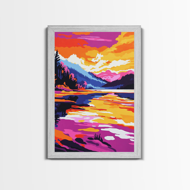 River Valley, Sunset Landscape, Colorful Art, Framed Canvas Print, Nature Wall Decor, Cozy Home Aesthetic, Warm Tones, Rustic Painting