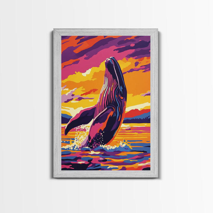 Breaching Whale, Ocean Wildlife Art, Nautical Home Decor, Coastal Sunset Art, Framed Canvas Print, Living Room Wall Art, Marine Painting