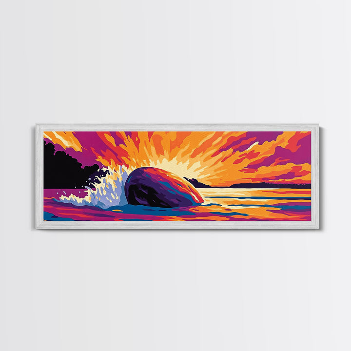 Ocean Splash, Vibrant Sunset, Coastal Energy, Bold Colors, Framed Canvas Print, Nautical Wall Art, Living Room Art, Dynamic Seascape