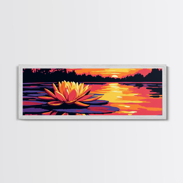 Water Lily, Tranquil Lake, Framed Canvas Print, Serene Nature Art, Zen Wall Decor, Sunset Reflection, Large Artwork, Bathroom Wall Art