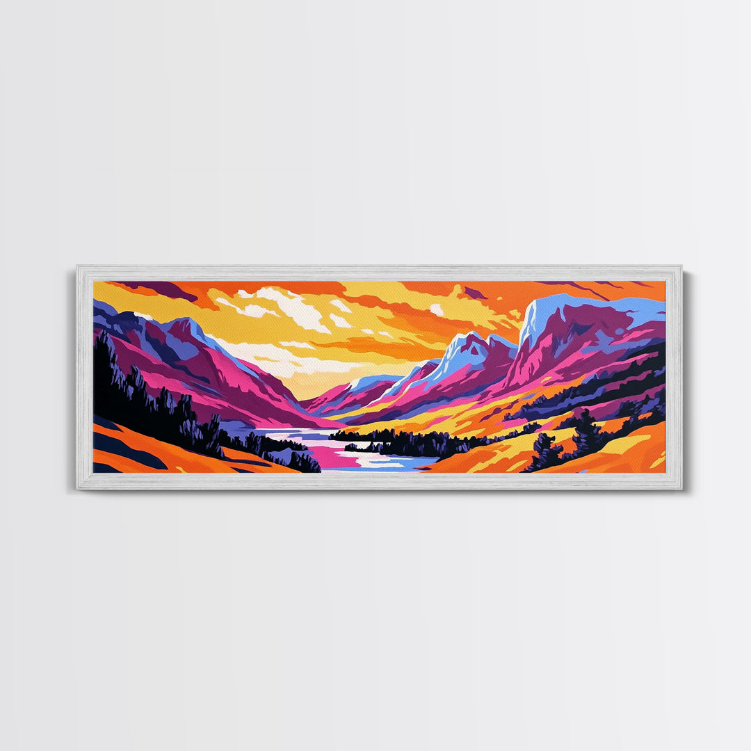 Sunset Valley, Majestic Peaks, Vibrant Nature, Framed Canvas Print, Outdoor Wall Art, Bohemian Landscape, Living Room Decor, Wanderlust