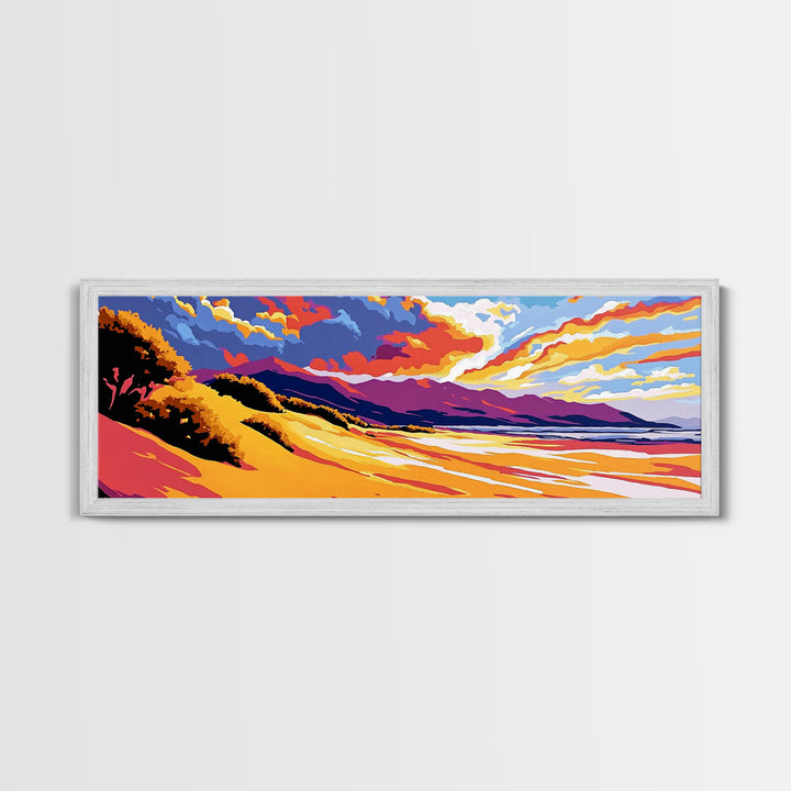 Golden Dunes, Mountain Backdrop, Vibrant Sunset, Framed Canvas Print, Boho Earthy Art, Modern Living Room Decor, Southwest Aesthetic