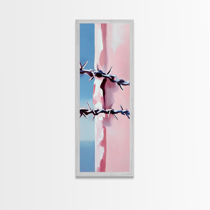 Barbed Wire Closeup, Modern Western, Pink and Blue Art, Framed Canvas Print, Minimalist Wall Art, Rustic Decor, Entryway Wall Art