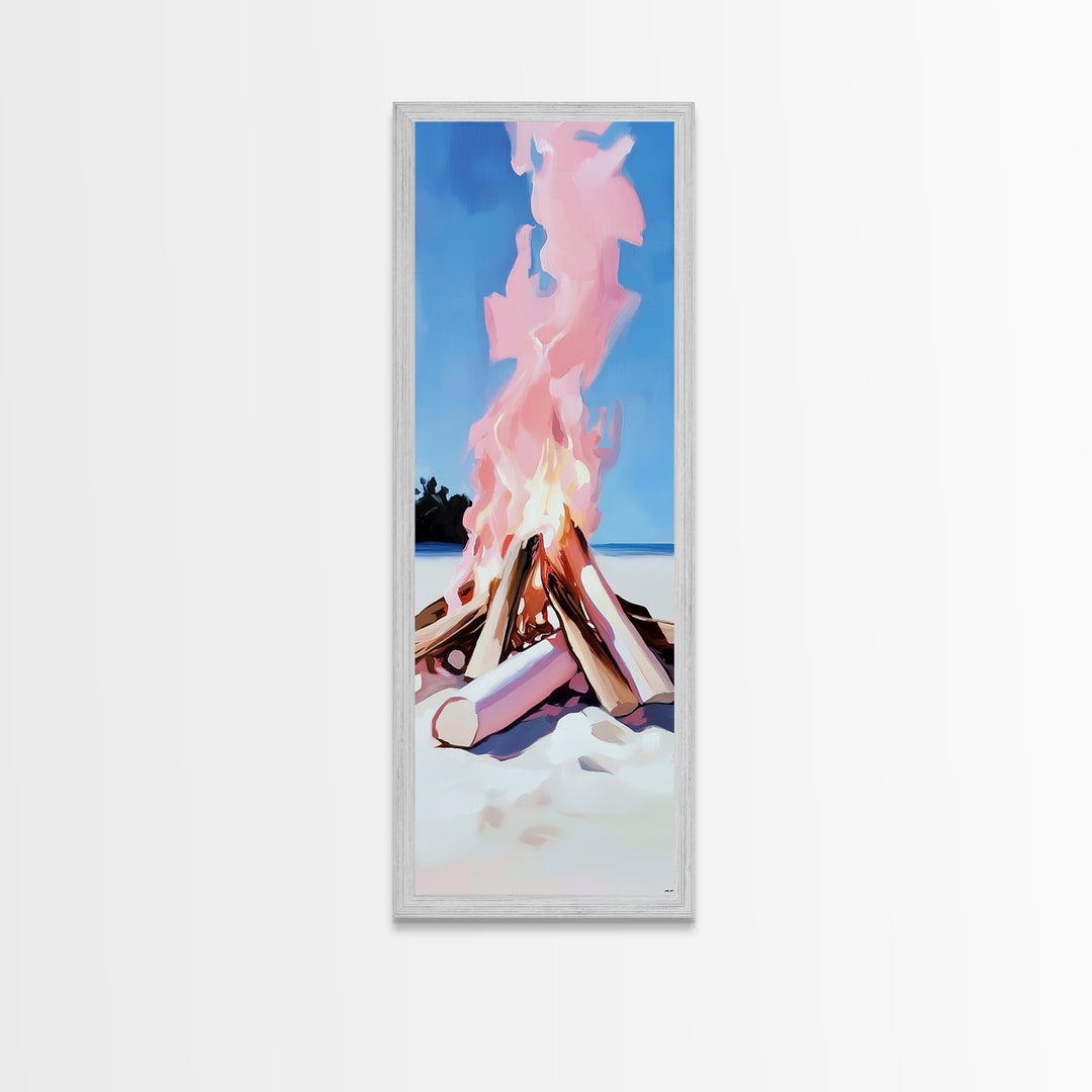 Bonfire Glow, Beach Campfire, Pink Flame Art, Framed Canvas Print, Coastal Decor, Warm Aesthetic, Living Room or Bedroom Wall Art