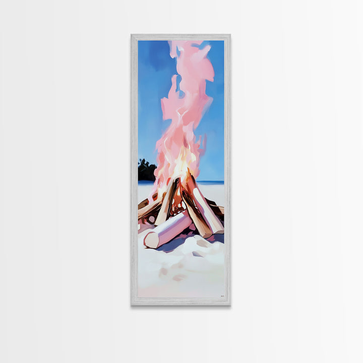 Bonfire Glow, Beach Campfire, Pink Flame Art, Framed Canvas Print, Coastal Decor, Warm Aesthetic, Living Room or Bedroom Wall Art