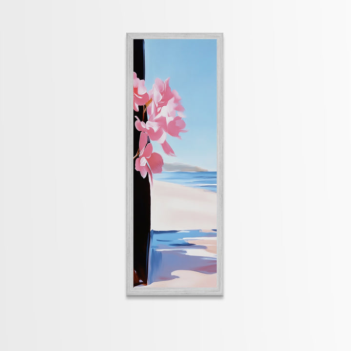 Blossom Beach, Floral Coastal Art, Pink and Blue Decor, Modern Seascape, Romantic Spring Aesthetic, Dreamy Nature Scene, Canvas Print