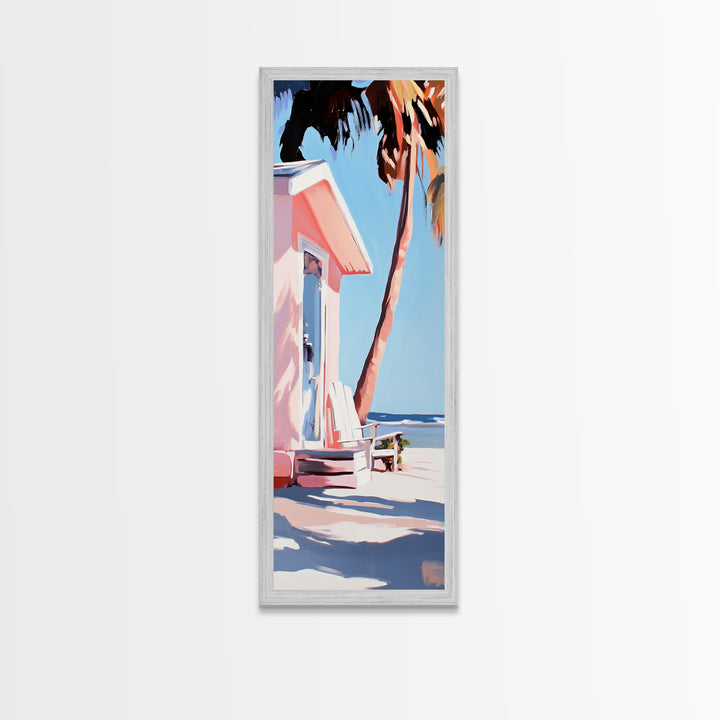 Pink Beach House, Coastal Retreat, Palm Tree Art, Framed Canvas Print, Tropical Decor, Modern Minimalist, Vacation Vibes, Wall Art