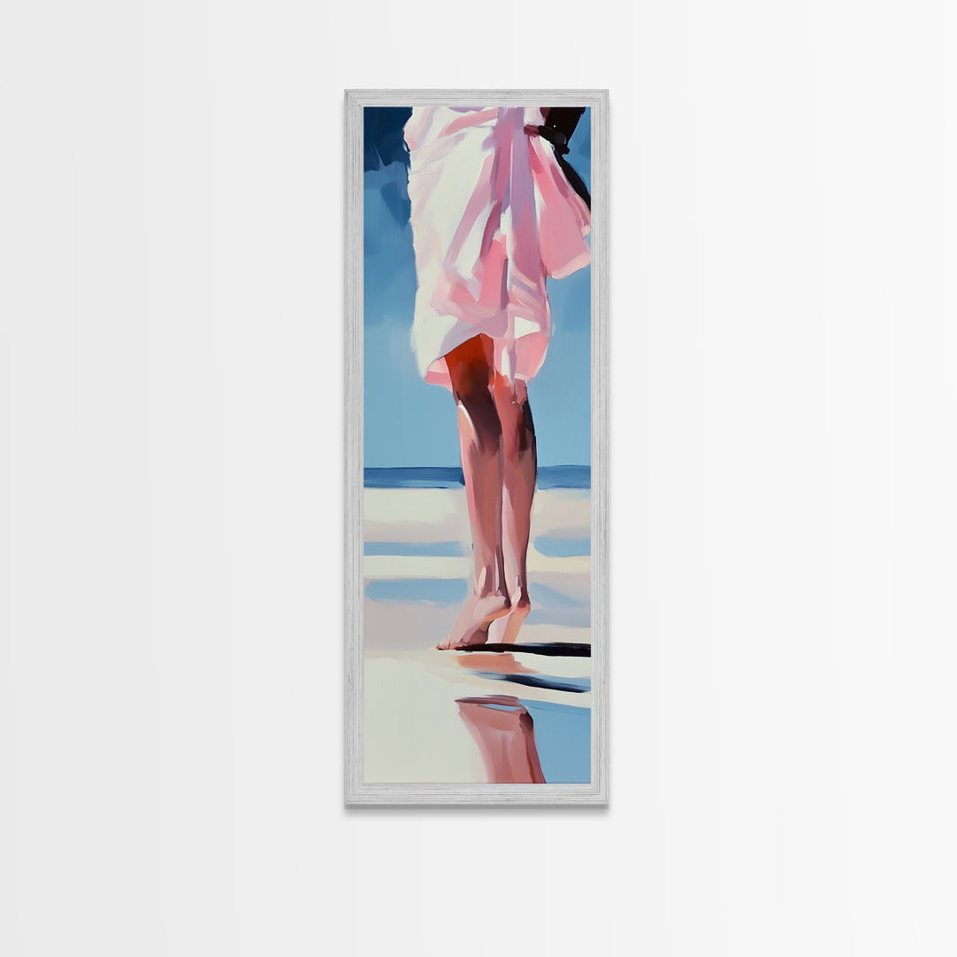Barefoot Beach Walk, Pink Dress, Coastal Elegance, Framed Canvas Print, Summer Art, Bedroom or Entryway Decor, Relaxing Aesthetic