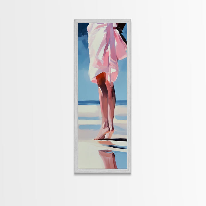 Barefoot Beach Walk, Pink Dress, Coastal Elegance, Framed Canvas Print, Summer Art, Bedroom or Entryway Decor, Relaxing Aesthetic