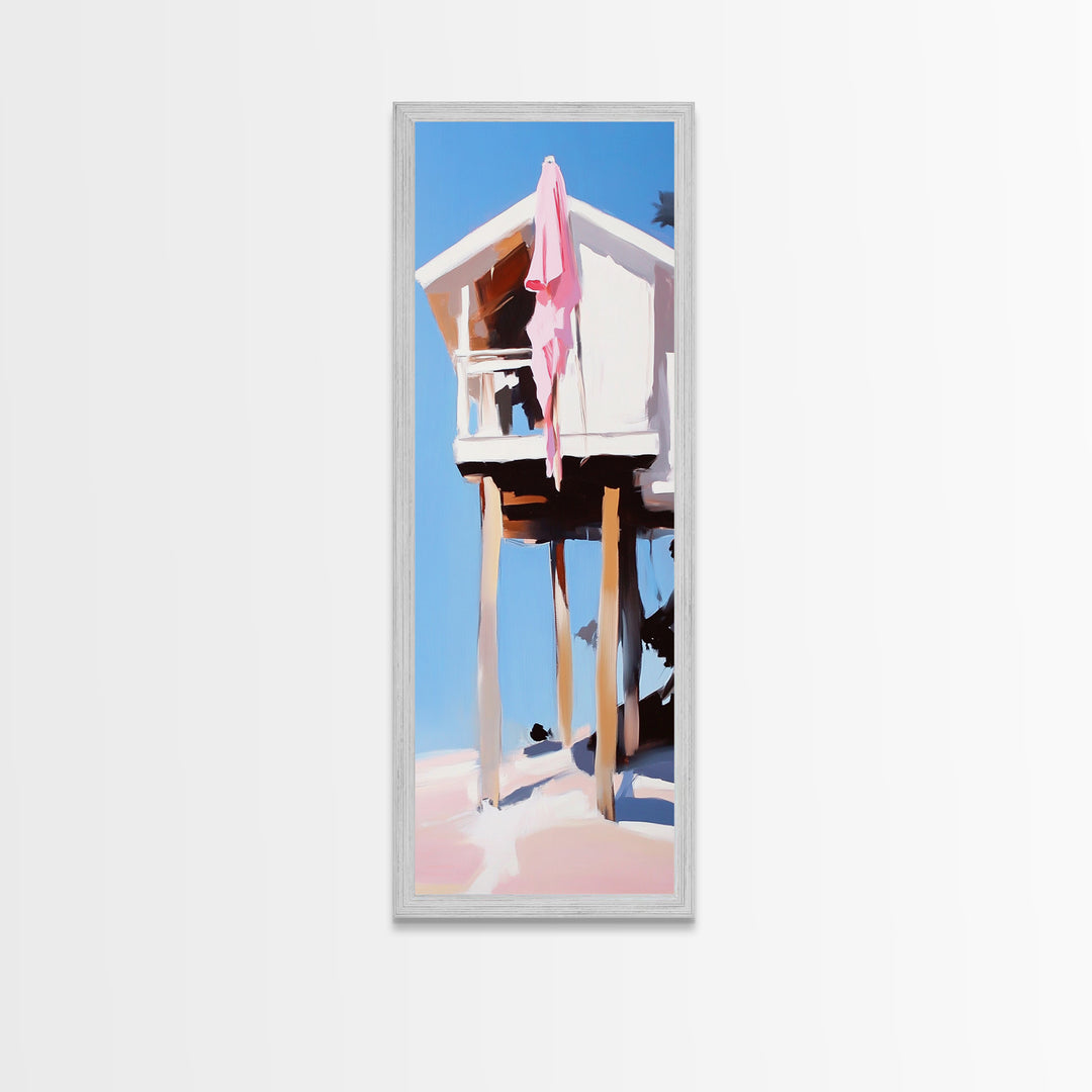 Beach Hut, Coastal Home, Seaside Escape, Nautical Decor, Ocean View, Warm Pastels, Beach House Art, Framed Canvas Print