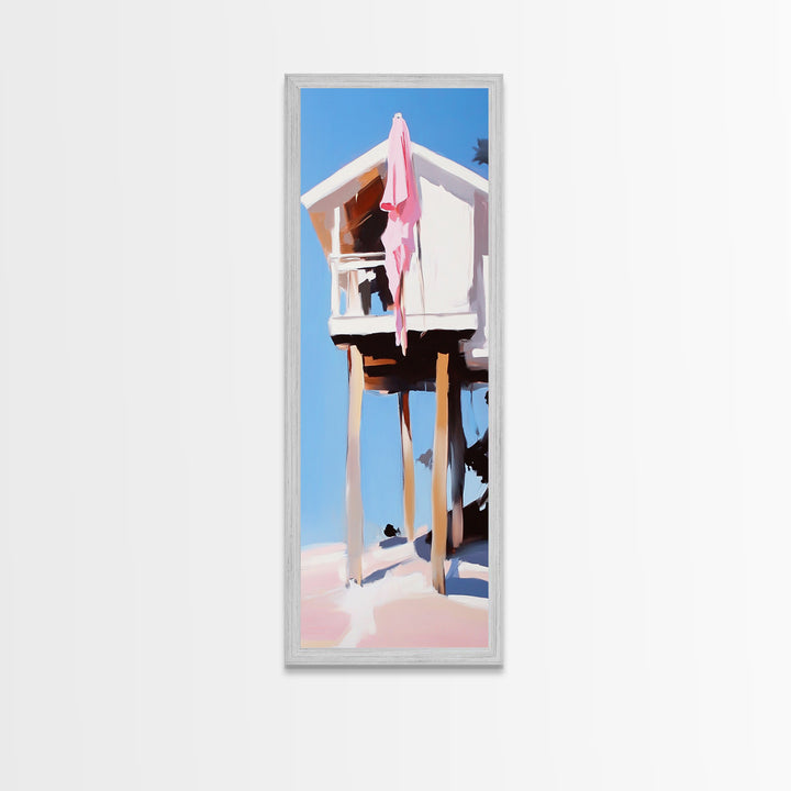 Beach Hut, Coastal Home, Seaside Escape, Nautical Decor, Ocean View, Warm Pastels, Beach House Art, Framed Canvas Print