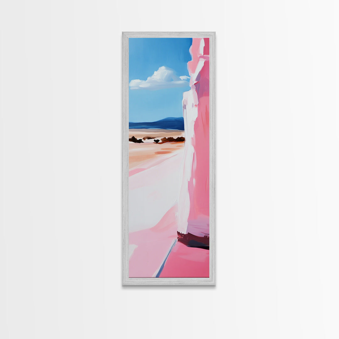 Pink Cliff, Ocean View, Tranquil Beach, Framed Canvas Print, Coastal Wall Art, Minimalist Painting, Living Room Decor, Gift, Blue