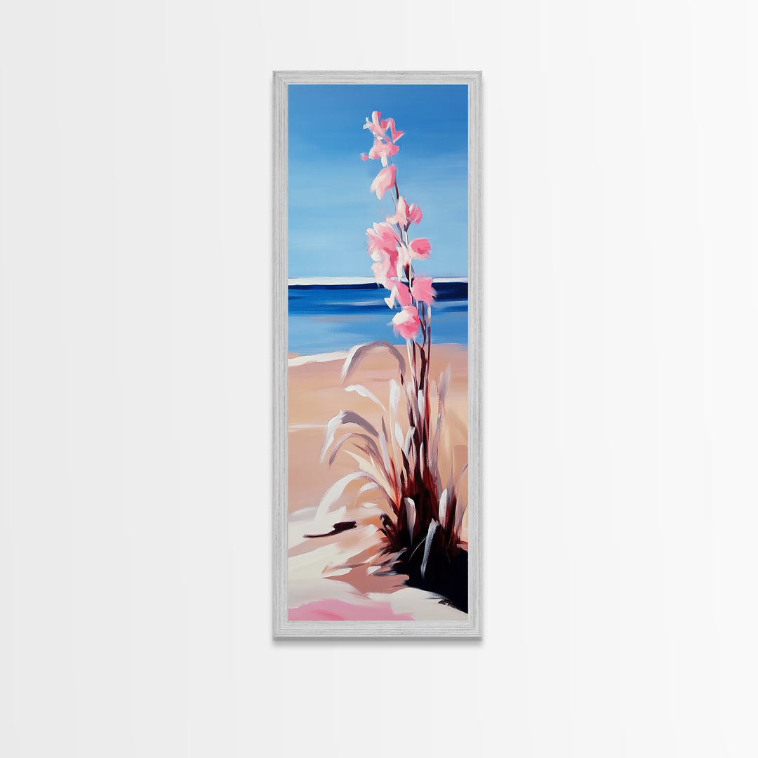 Beach Flowers, Ocean View, Coastal Art, Framed Canvas Print, Boho Seascape, Serene Landscape, Minimalist Beach Decor, Living Room Art