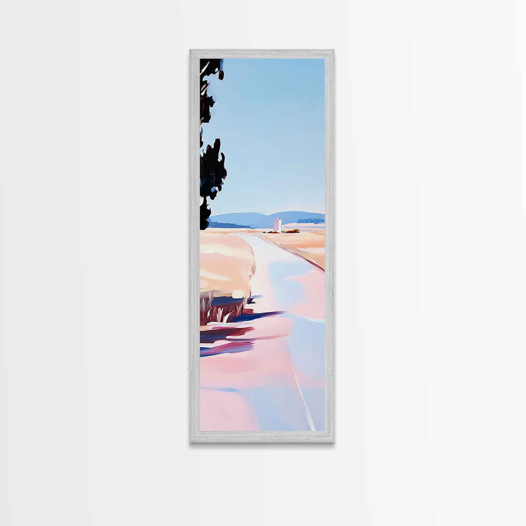 Country Road, Pastel Landscape Art, Rustic Farmhouse Wall Decor, Minimalist Painting, Serene Nature Scene, Living Room Framed Canvas Print