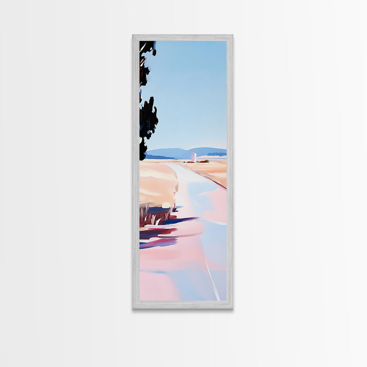 Country Road, Pastel Landscape Art, Rustic Farmhouse Wall Decor, Minimalist Painting, Serene Nature Scene, Living Room Framed Canvas Print