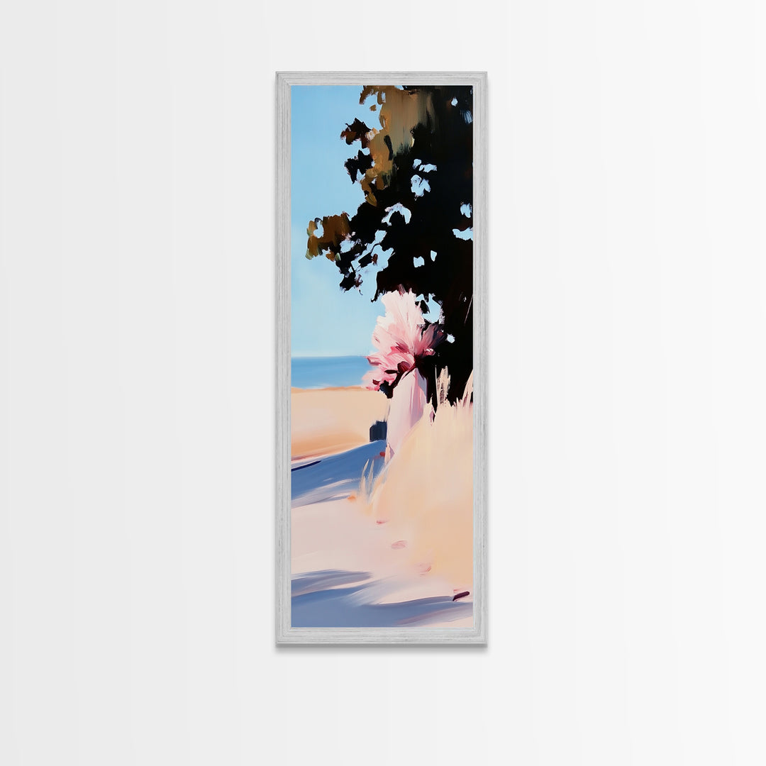 Coastal Serenity, Sunlit Landscape Art, Beachside Tranquility, Nature Inspired, Peaceful Horizon, Warm Aesthetic, Living Room Canvas Print