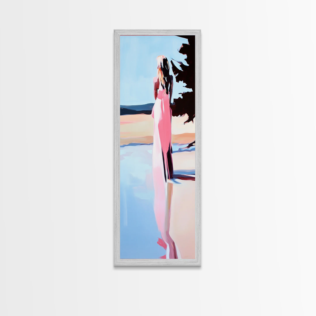 Tranquil Woman, Nature Reflection, Soft Pastels, Serene Landscape, Framed Canvas Print, Minimalist Art, Peaceful Home Decor