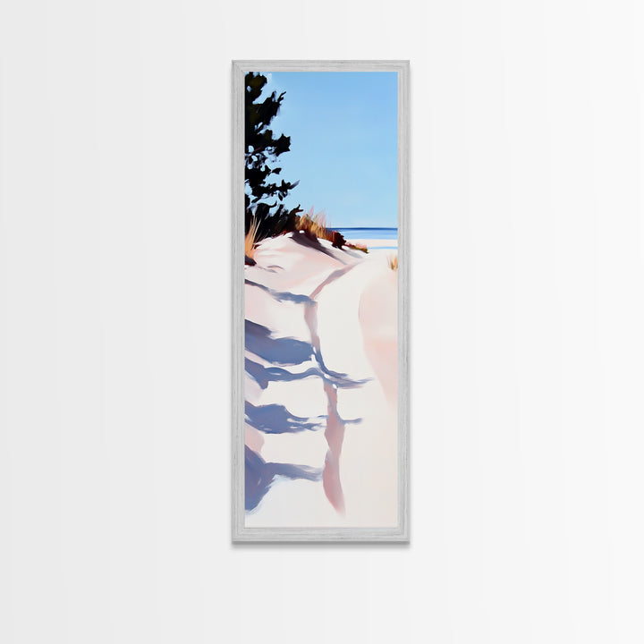 Ocean Walkway, Dunes and Shadows, Coastal Serenity, Soft Light, Framed Canvas Print, Living Room Wall Art, Beach House Decor