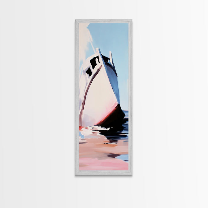 Ocean Boat, Seascape, Nautical, Modern Art, Coastal Wall Decor, Beach House, Minimalist, Blue, White, Framed Canvas Print