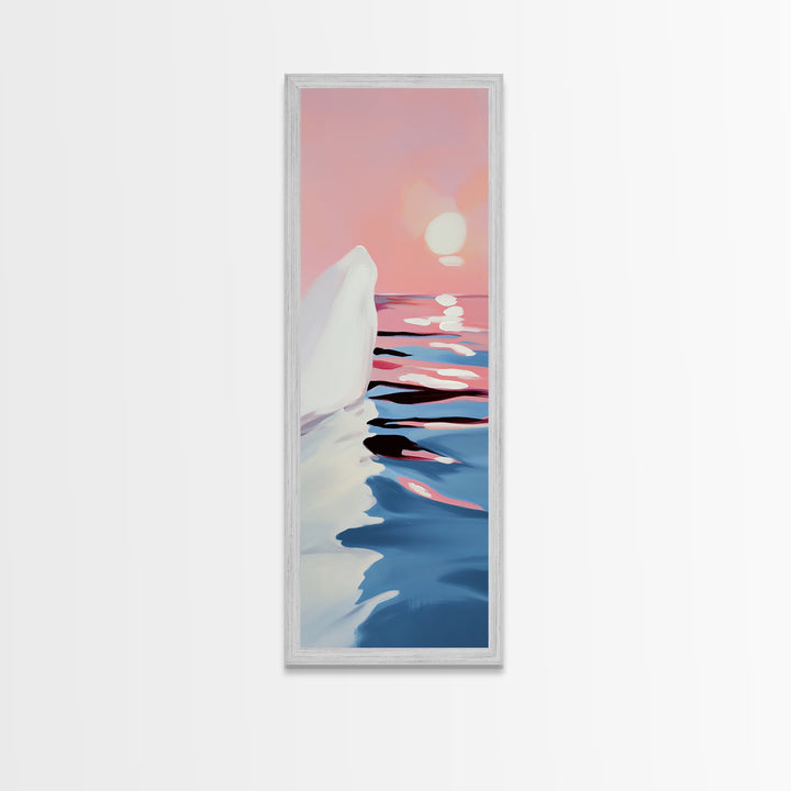 Sunset Iceberg, Arctic Landscape, Dreamy Ocean Art, Contemporary Painting, Pink Blue Decor, Bedroom Framed Canvas Print, Minimal Wall Art