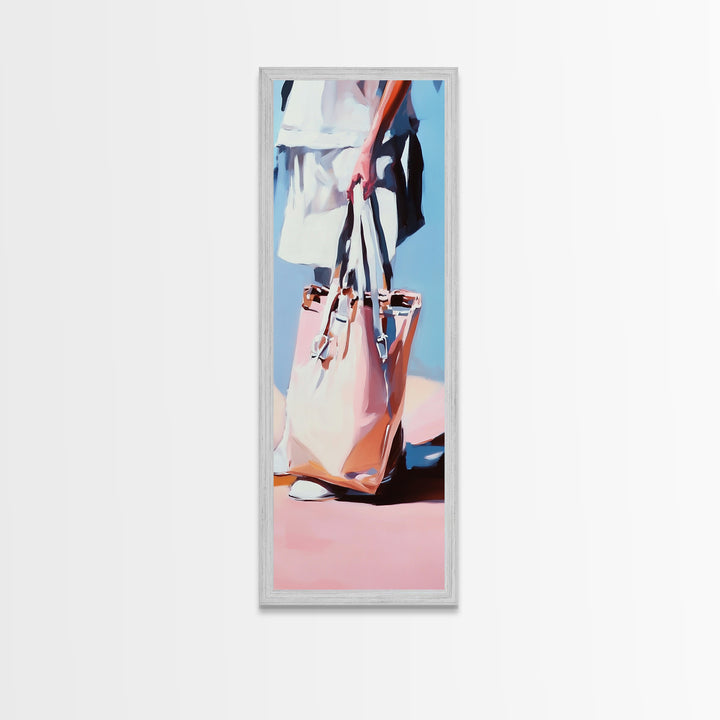 Chic Tote Bag, Fashion Illustration, Feminine Art, Pastel Minimalist Art, Modern Wall Decor, Stylish Bedroom, Framed Canvas Print
