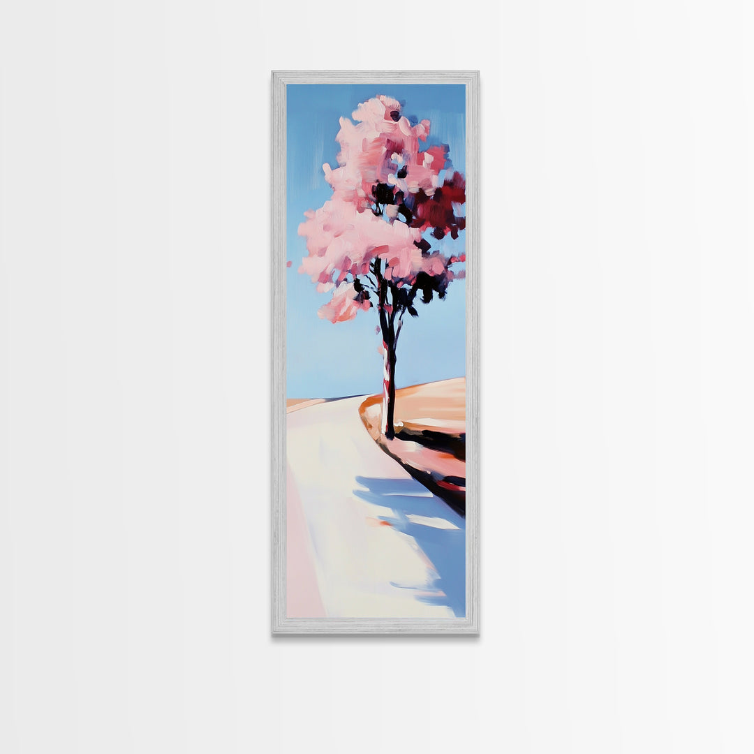 Cherry Blossom Tree, Serene Landscape Painting, Romantic Pink Art, Tranquil Nature Decor, Spring Home Decor, Framed Canvas Print