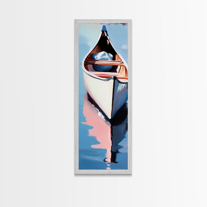 Canoe on Water, peaceful lake scene, wilderness art, adventure painting, modern minimalism, nature lover’s decor, framed canvas print