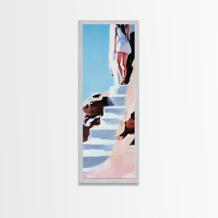 Cliffside Beauty, White Dress, Tranquil Escape, Canvas Print, Modern Wall Art, Boho Beach Decor, Bedroom Wall Art, Minimalist Coastal