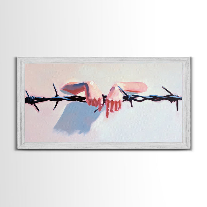 Hands on Barbed Wire, Surreal Art, Emotional Aesthetic, Modern Symbolism, Thought-Provoking Decor, Contemporary Wall Art, Canvas Print
