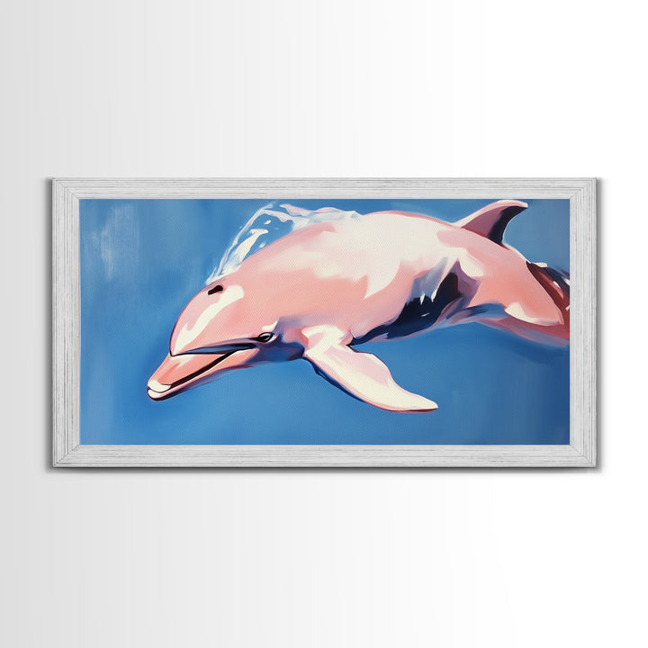 Dolphin Painting, Ocean Wall Art, Coastal Home Decor, Marine Life Artwork, Blue and Pink Art, Beach House Art, Framed Canvas Print